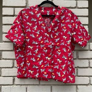 Vintage Playful Puppies Button-up Short Sleeve Shirt in Red